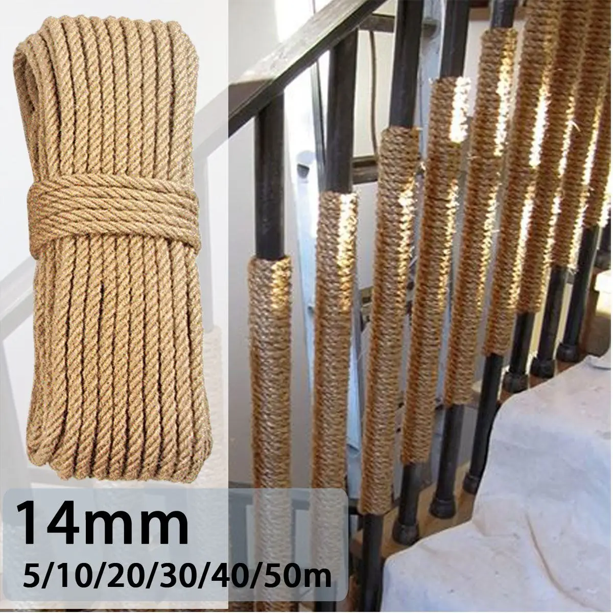

KIWARM 14mm 5m-50m Natural Jute Rope Twine Rope Hemp Twisted Cord Macrame String DIY Craft Handmade Decoration Pet Scratching