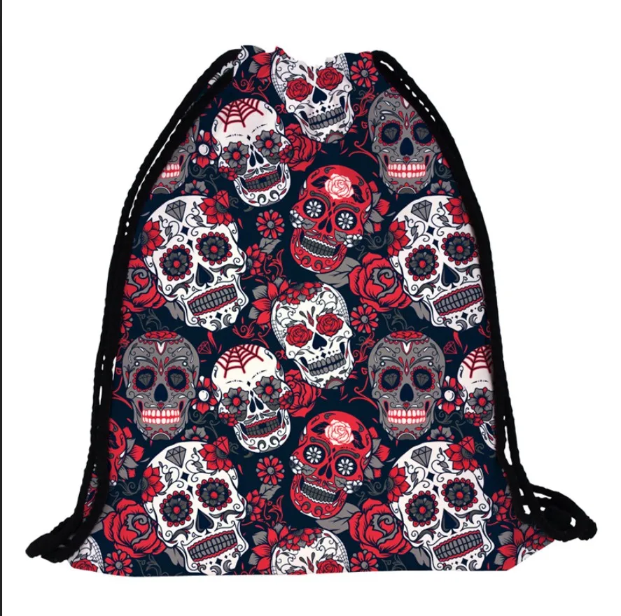 2pcs Skull print bouquet pocket can hold travel drawstring backpack on one shoulder