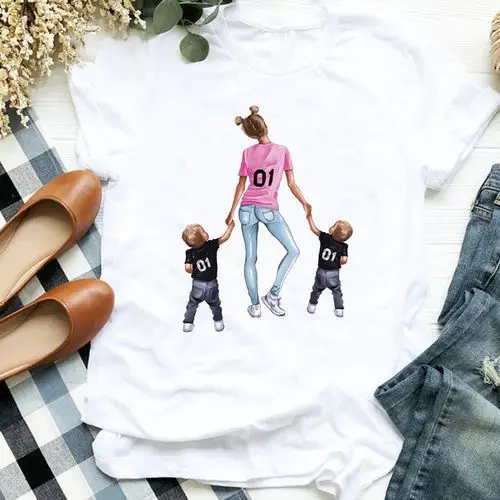 

Women Cartoon Super Mom Kids Print Fashion Casual Tops T-shirts Summer Female Children Mother Family Set Wear Vintage Sweet Tees