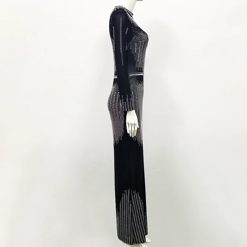 Высококачественное черное платье труба с длинным рукавом и бусинами вырезами