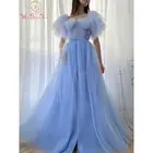 2021 небесно-голубые платья для выпускного вечера из крепа с коротким рукавом трапециевидной формы длиной до пола с поясом женские Формальные Вечерние платья