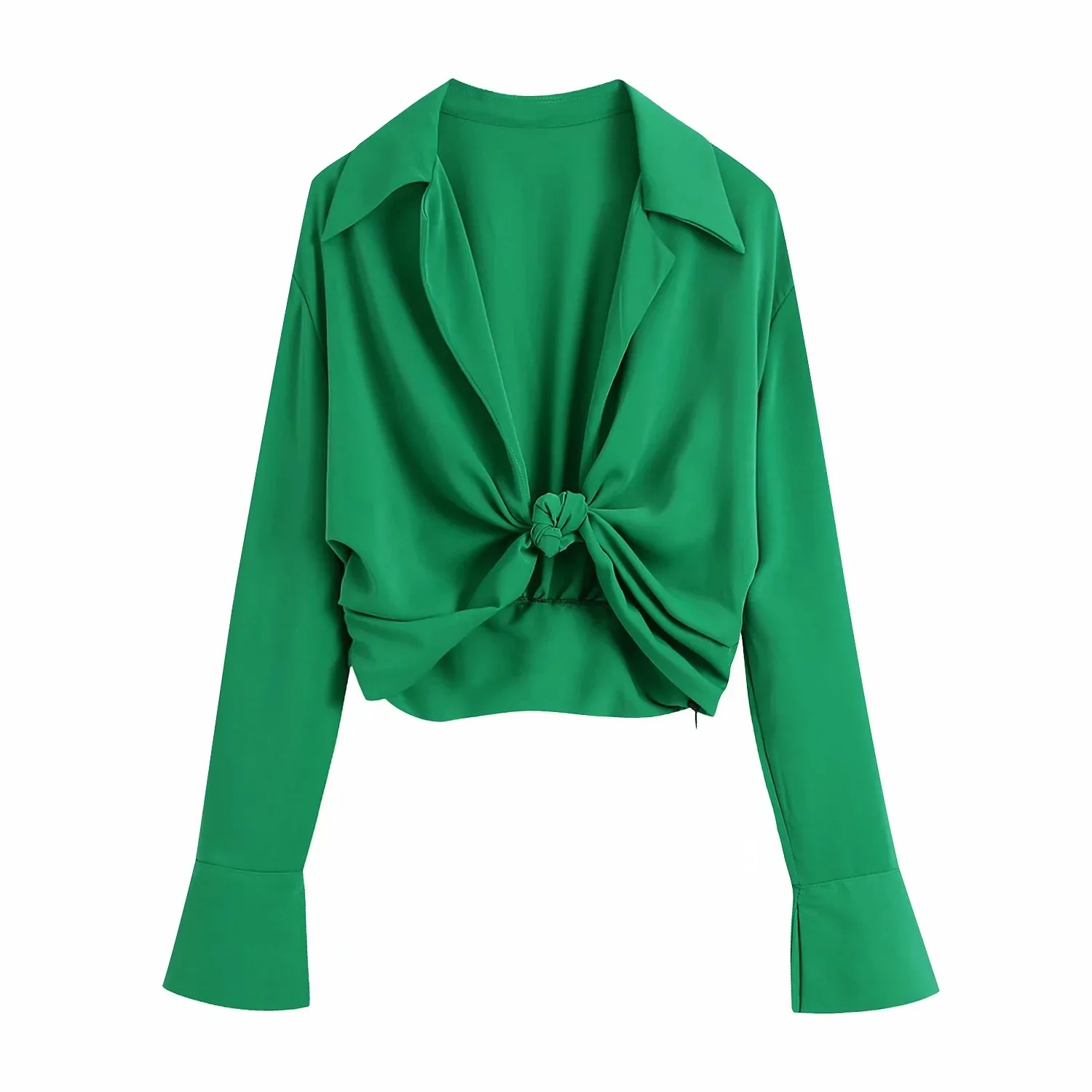 

2021 Women Fashion cropped Knotted Blouses Female lapel long sleeve Low-cut Shirt sexy Navel exposed