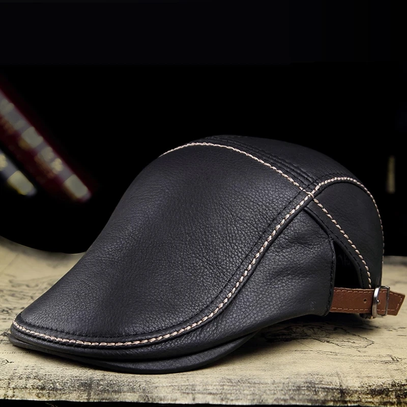

2021 Spring Man Brand Genuine Leather Beret Hats Male Fashion Forward Caps Duckbill Adjustale Casquette Boina Trucker Cap