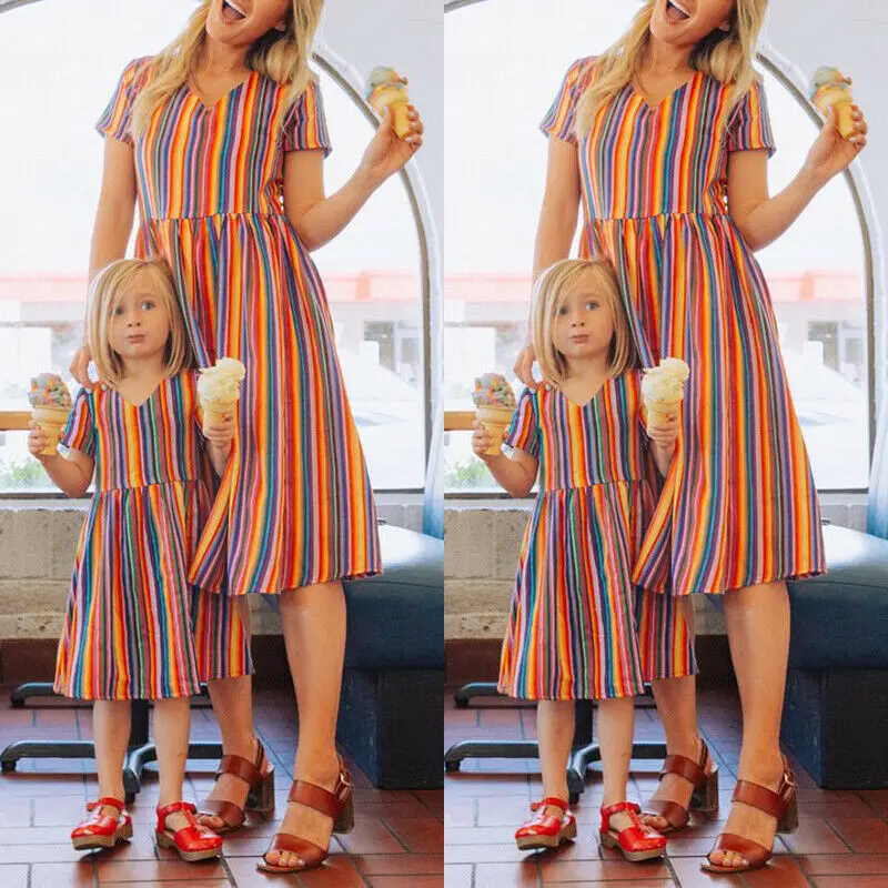 Летнее платье макси в полоску для матери и дочери|Сочетающаяся одежда семьи| |