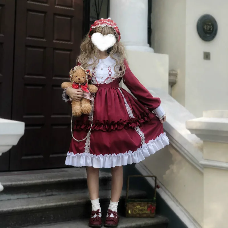 

Autumn Sweety Lolita Style Girly Party Dress Peter Pan Collar Lace Bow Ruffles Full Sleeve Kawaii Solid Color Dresses For Female