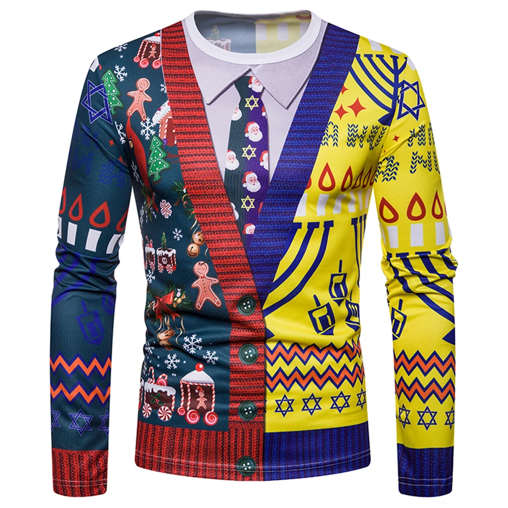 Christmas Tree Print Men Tshirt O Neck long Sleeve Tee Top Casual Hip Hop 3D Tee Shirt Camisetas Hombre Party Funny T Shirts