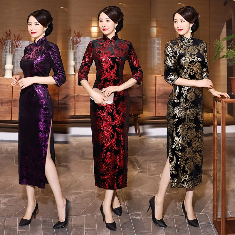 

Traditional Chinese Long Cheongsam Women Velvet Dress Prom Qipao Size M-4XL