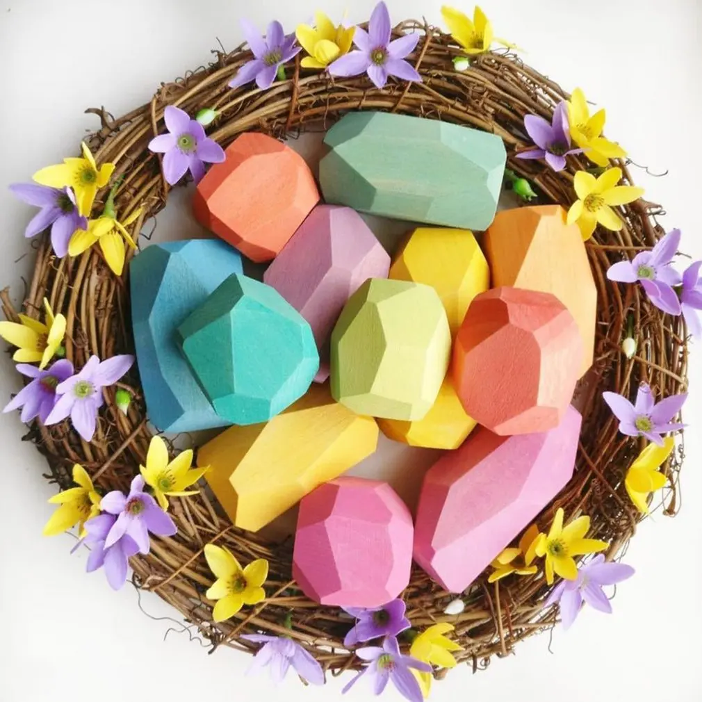 

Children's Wooden Colored Stone Jenga Building Block Educational Toy Creative Nordic Style Stacking Game Rainbow Toy Gift