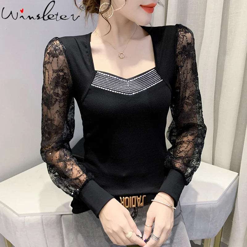 Женская хлопковая футболка с длинным рукавом кружевная в стиле пэчворк