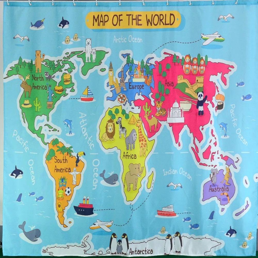 Водонепроницаемая занавеска для душа QIYI с мультяшным принтом карты мира