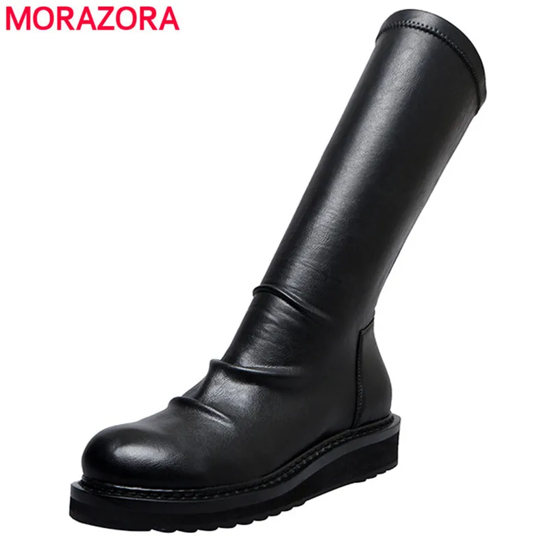 

MORAZORA 2021 new arrive genuine leather mid calf boots med heels round toe slip-on autumn boots fashion women brand boots