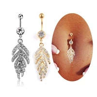 delysia king woman trendy stainless steel feather navel perforation crystal leaves belly button rings