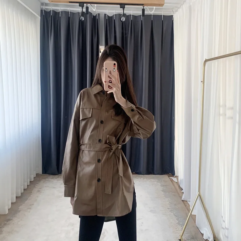 

European and American autumn and winter 2021 new women's all-match fashion with belt waist slimming PU imitation leather long-sl