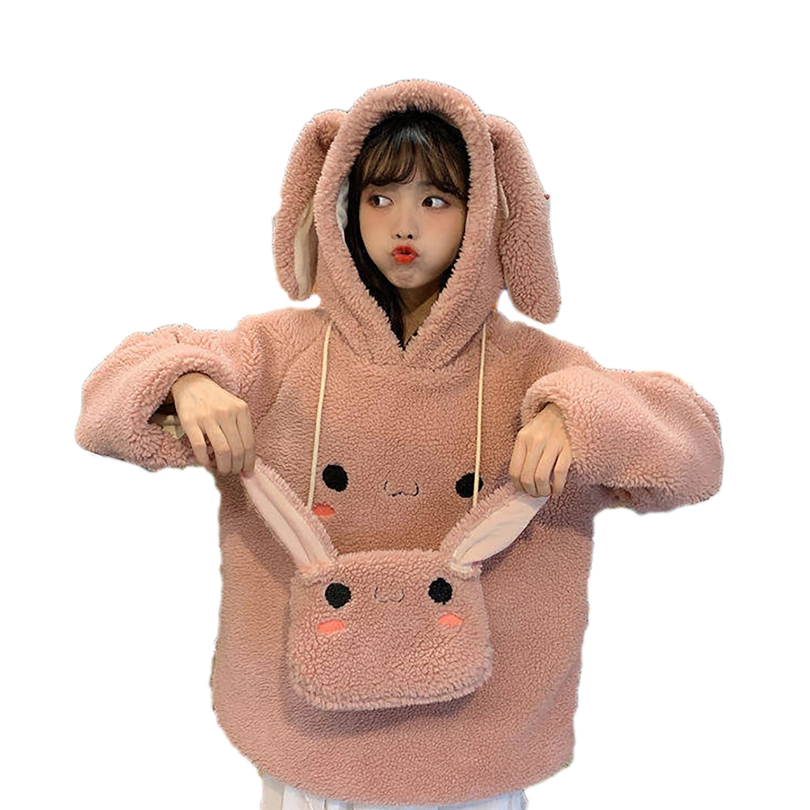 Women Autumn Winter Cute Ears Hoodie Faux Fleece Long Sleeve Sweatshirt with Bag