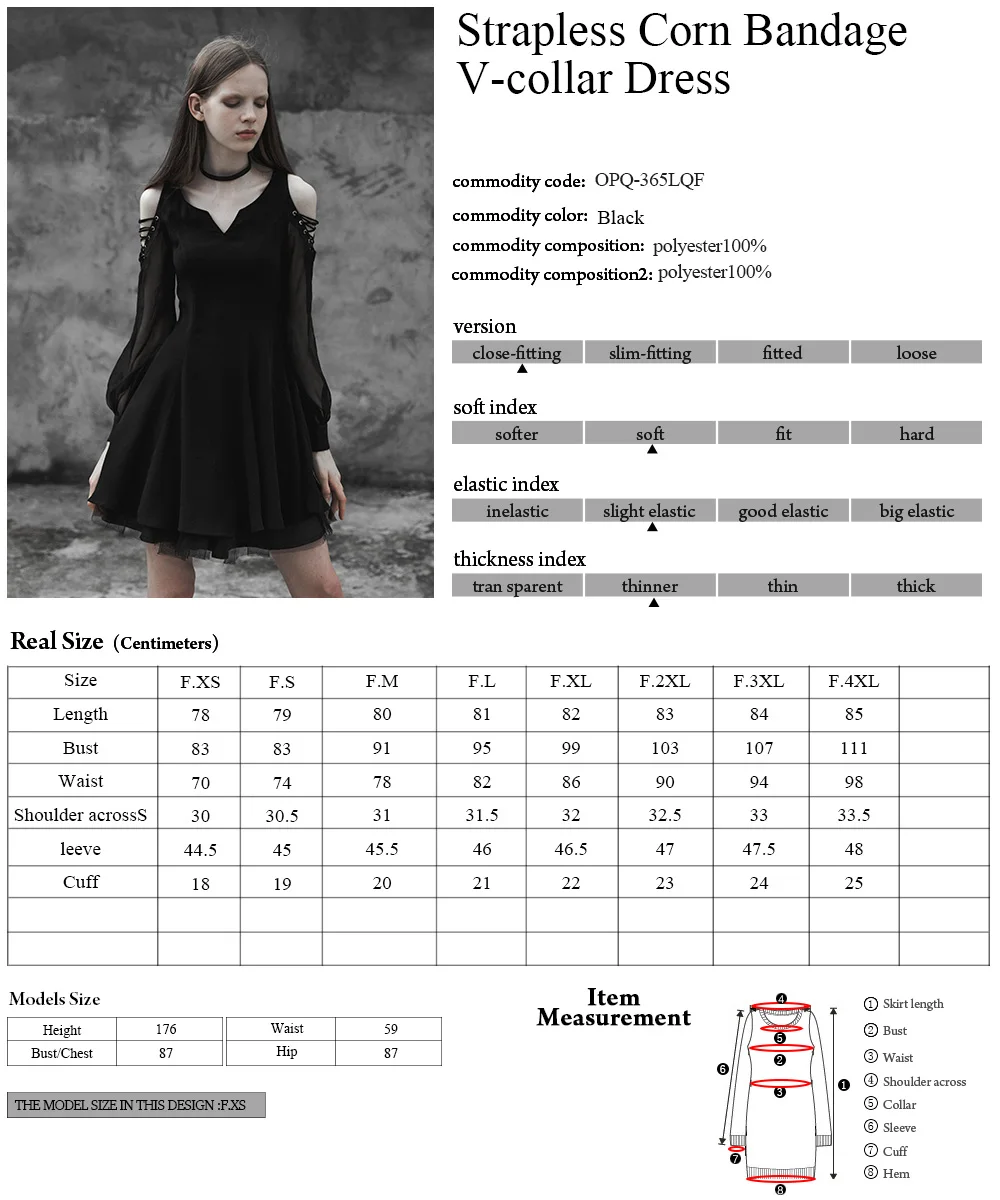 

PUNKRAVE Women's Gothic Strapless Corn Bandage Sexy V-collar Dress Party Evening Dinner Long Sleeve Half Dresses