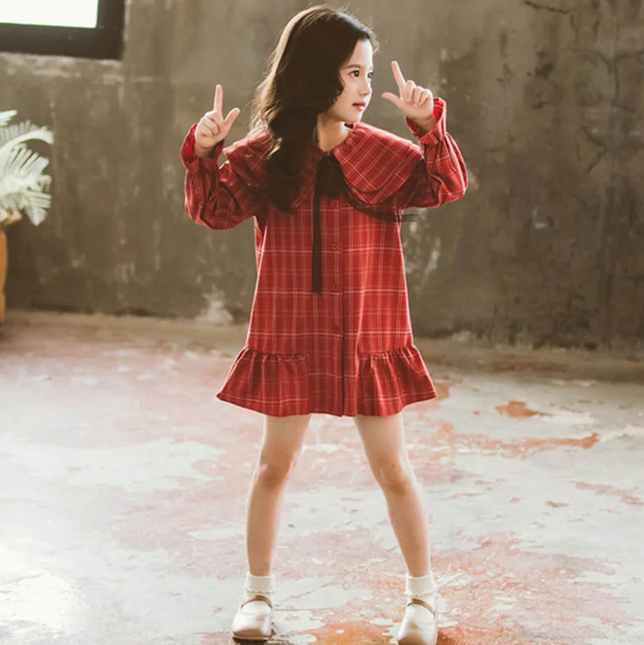 Платье для девочек вечерние ное платье в клетку Модное детское с отложным