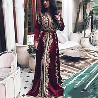 burgundy moroccan kaftan evening dresses long sleeves lace appliques muslim prom arabic muslim special occasion formal party