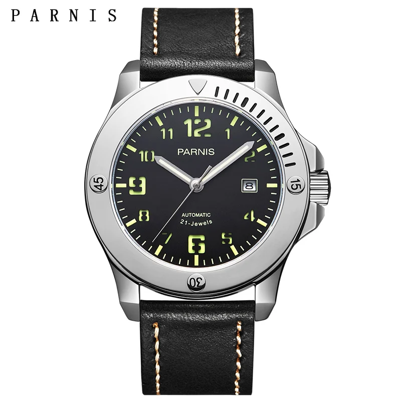 

Parnis Mens Mechanical Watch Japan Movement Luminous Military Leather Strap Automatic Men Watches with box gift 2019 jam tangan