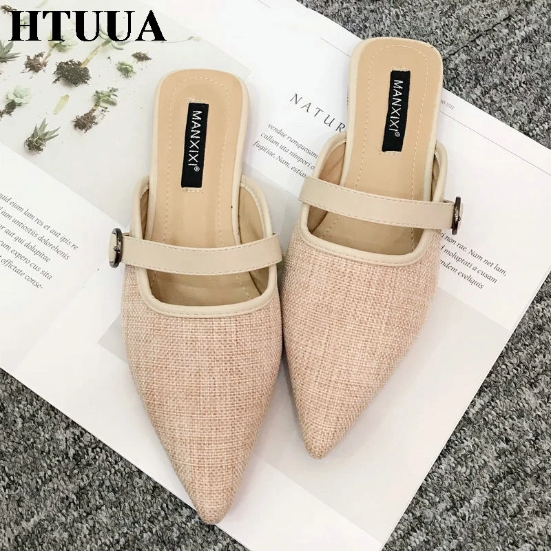 HTUUA/Коллекция года; сезон весна-лето; женские шлепанцы; повседневные туфли на плоской подошве с острым носком и пряжкой; пляжные шлепанцы; SX1966