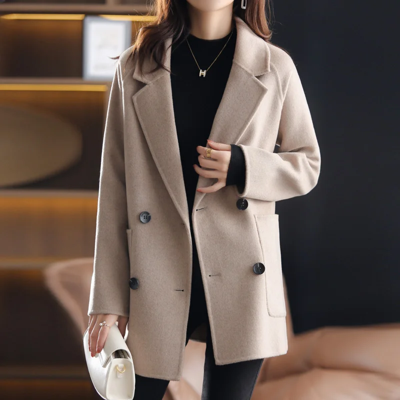 

Осенне-зимнее новое шерстяное пальто, женская Свободная двухсторонняя шерстяная куртка для отдыха, шерстяная куртка с маленьким костюмным ...