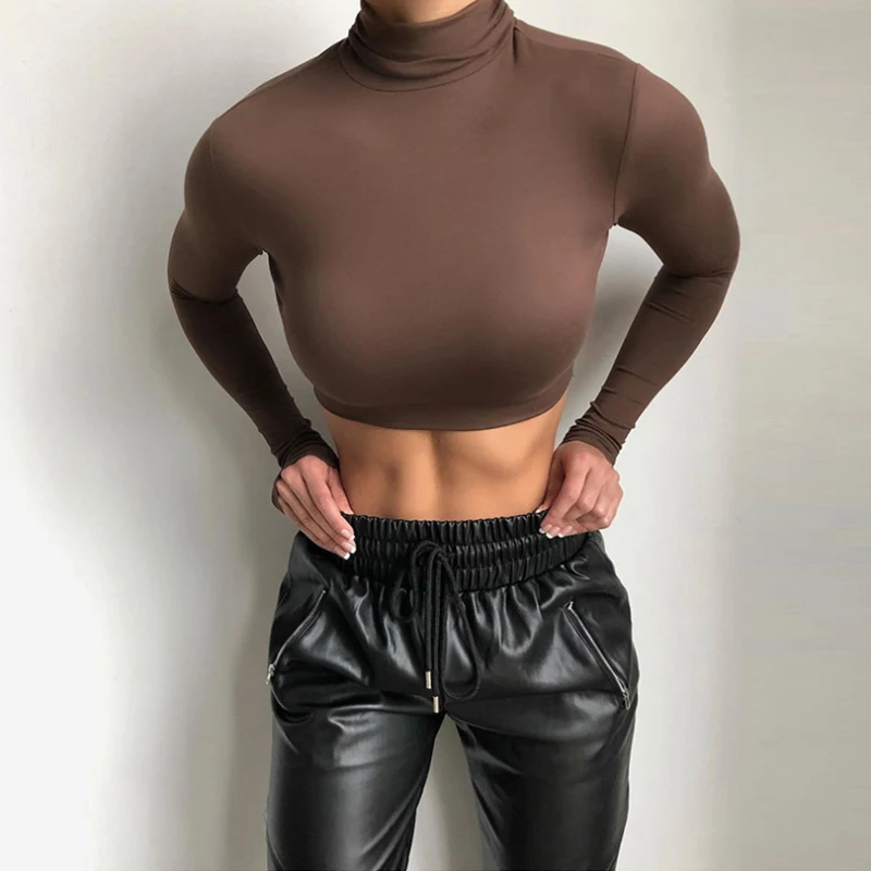 

High-necked Long-sleeved T Shirt Camisetas De Muje Poleras Manga Larga White 2021 Fashion Wome tees Magliette Donna Brown koszul