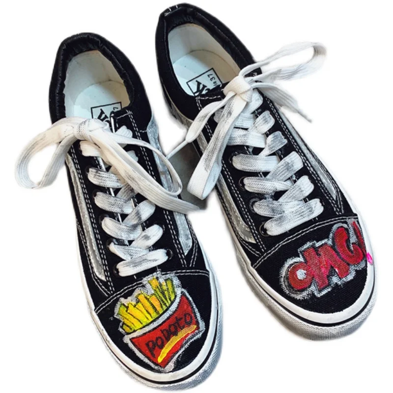 

Original graffiti low-top sneakers creative personality hip-hop canvas shoes large size women's shoes 41-43