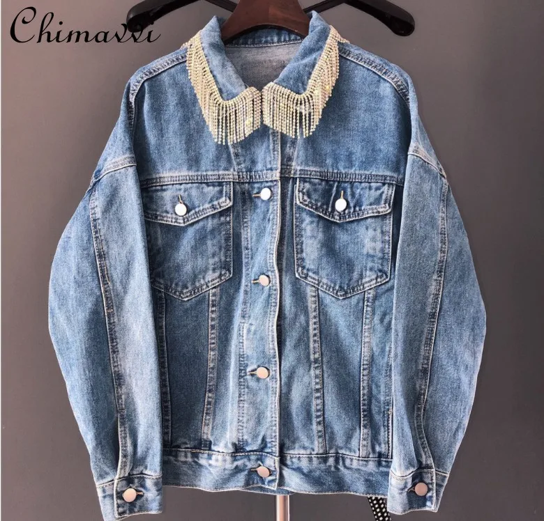

2021 Spring Rhinestone Tassel Collar Denim Short Coat Streetwear Women Casual Blue Jeans Jacket Diamond Denim Jackets