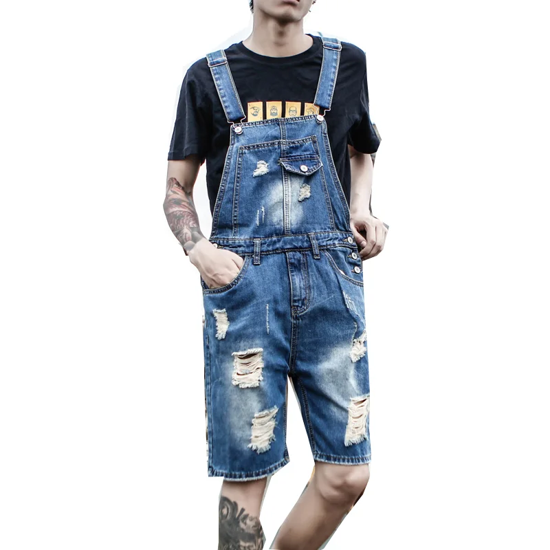 Retro denim overalls men's summer Korean slim-fit shorts with holes for men and women five-point pants