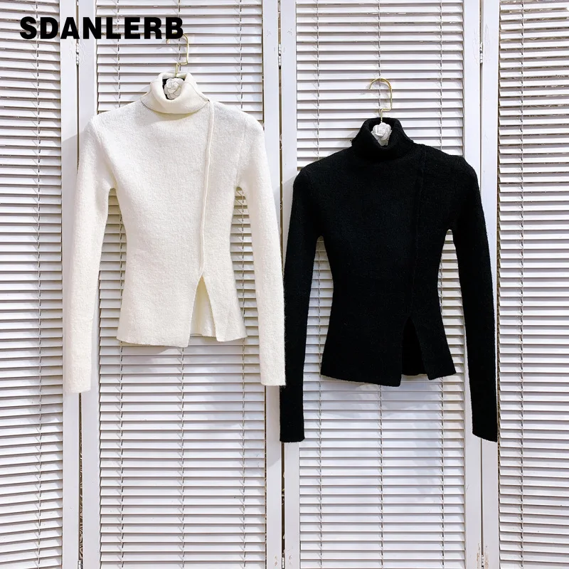 

Осень 2021, вязаный пуловер с высоким воротником, приталенная короткая рубашка с длинным рукавом и разрезом на подоле, трикотажный женский св...