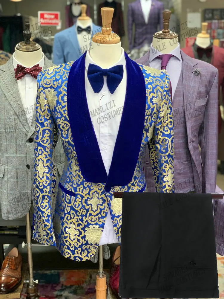 2021 Fashion Design Costume Homme Royal Blue Gold Floral Men Suits Wedding Groom Tuxedo Terno Masculino Slim Fit Blazer 2 Pieces