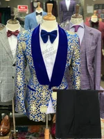 2021 fashion design costume homme royal blue gold floral men suits wedding groom tuxedo terno masculino slim fit blazer 2 pieces