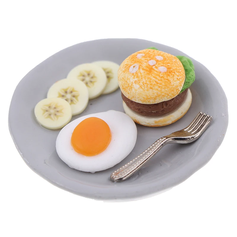 

Тарелка для гамбургеров и яиц с подносом 1:12, миниатюрный набор для завтрака, кухонные аксессуары для кукольного домика
