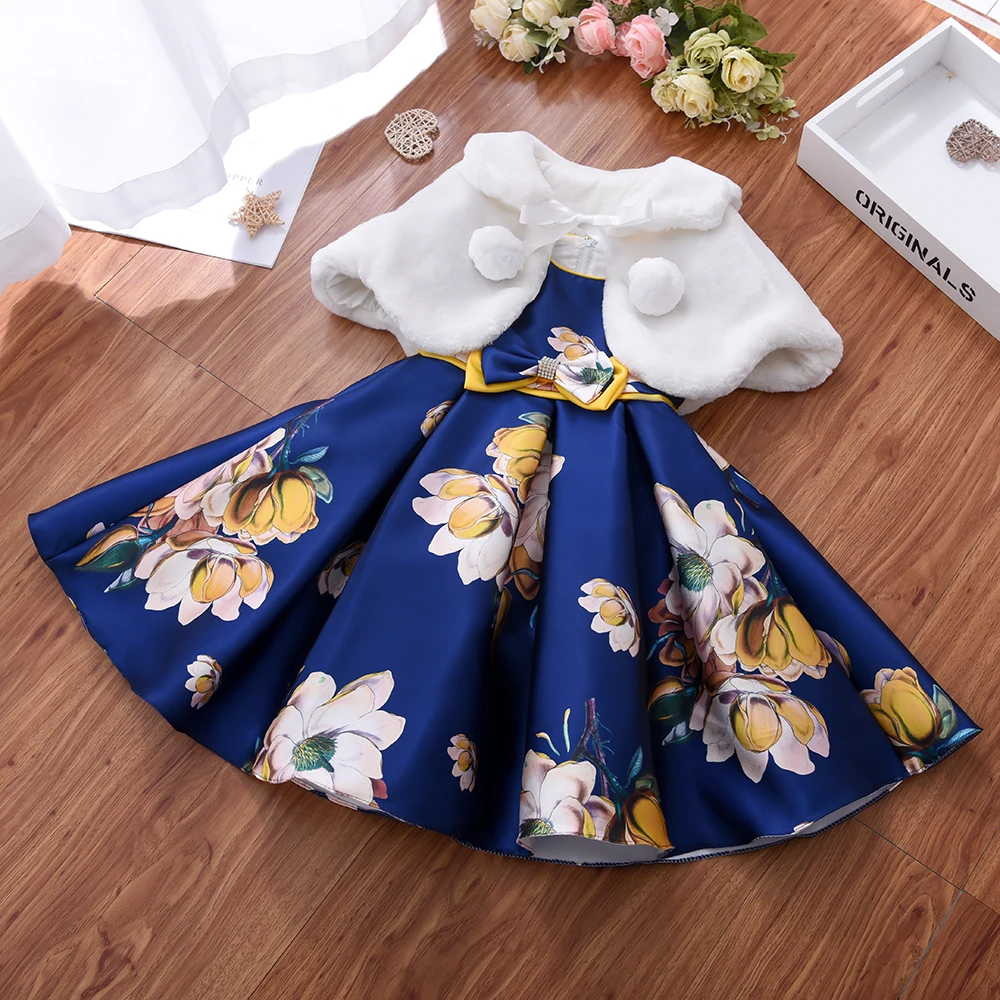 

Yoliyolei 2pcs Girls Dress + Furry Shawl Birthday Floral Kids Dress With Bow Children Clothing Casual Wedding Party Clothes