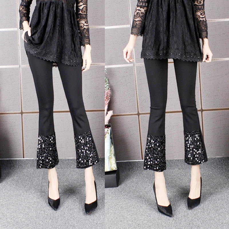 

2020 New Leggings Wear Fashion Micro Speaker Capri-Pants Black Elastic High Waist Wide Leg Pants with Sequins Black Leggings