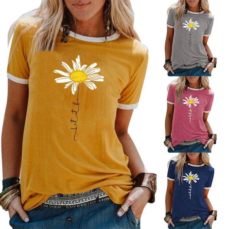 

Let It Be Letter Daisy Print T Shirt Women Short Sleeve O Neck Loose Tshirt 2021 Summer Women Tee Shirt Tops Camisetas Mujer