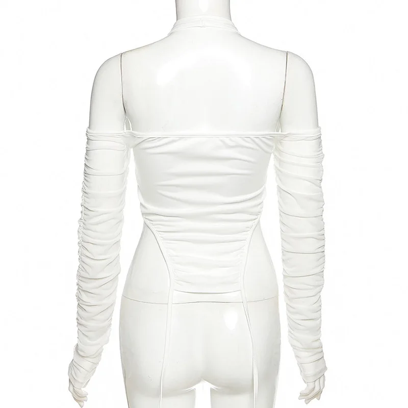 

Irregular Halter V-neck Zipper Cropped T-shirt Women Hollow Out Ruched Mesh Long Sleeve Tshirts Backless Strap Tee Shirt Femme