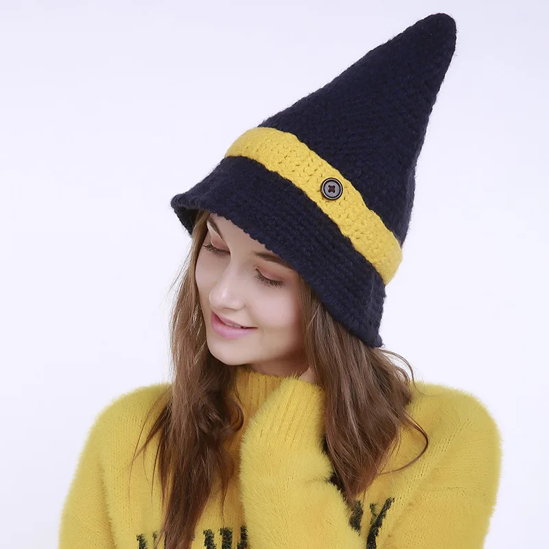 

2021 New Manual Weave Hats Women Autumn Winter Knitted Cap Outdoor Casual Buttons Wool Blending Witch Warm Beanie Pointed Hat