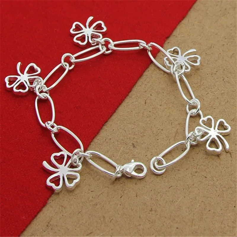 

High Quality 925 Sterling Silver Bracelet Four Leaf Clover Paper Clip Bracelet 8 Inches For Women & Men Party Charm Jewelry Gift