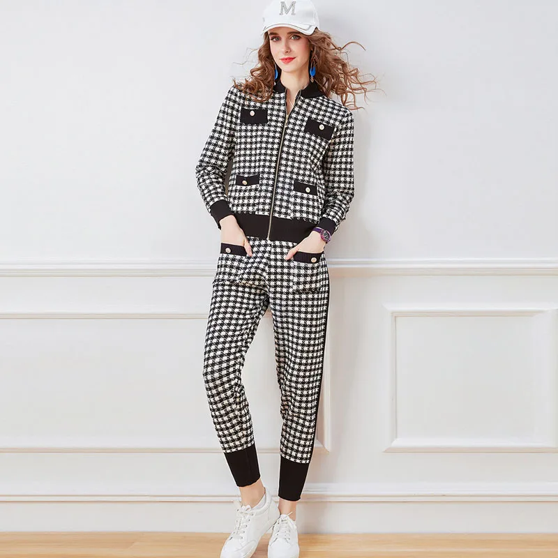 Autumn Winter Casual Tracksuit Women Two Piece Outfit Fashion Vintage Houndstooth Knit Cardigan Top and Pants Suit Matching Sets