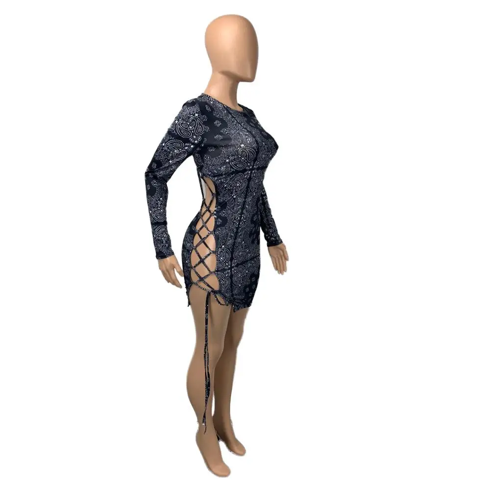 

Europe's new sexy nightclub solid color printed dress fashion slim o-neck long sleeve women's shirt Mini Skirt