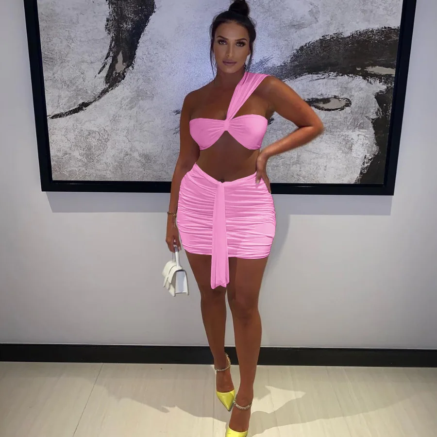 

Inclined Shoulder Women Two Pieces Set Sleeveless Off Shoulder Shaped Waist Solid Sheath Ribbons Clubwaer Female Outfits