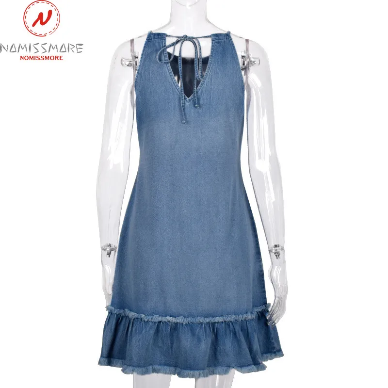 Модное женское летнее джинсовое платье трапециевидной формы Бандажное с