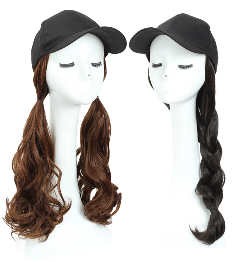 

Long Synthetic Baseball Cap Wig Natural Black / Brown Straight Wigs Naturally Connect Synthetic Hat Wig Adjustable for Girls