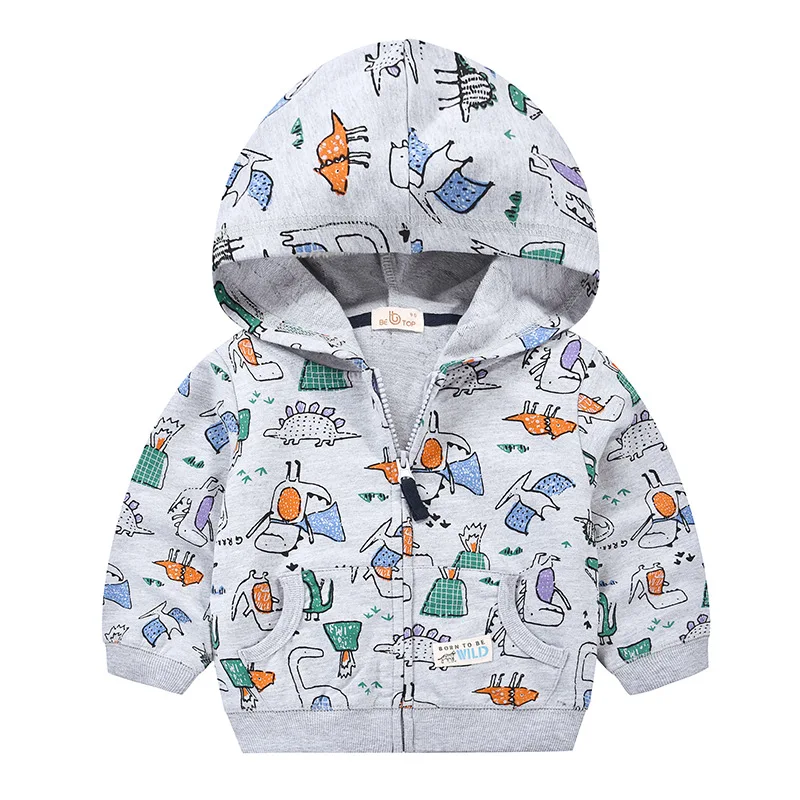 

27kids Autumn Baby Boy Jacket Grey Volcano Dinosaur Cartoon Cotton Trench Clothes Tops Hooded Windbreaker Outerwe 2-9Years