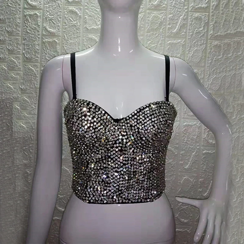 Sparkling Hot Diamonds Camisole Top Women Sexy Crop Top Tank and Camis with Padded Nightclub Party Cropped Tops Black or Pink