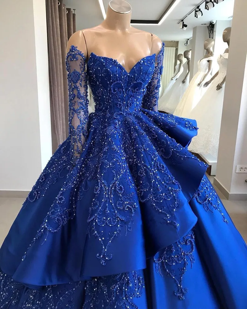 

2020 Royal Blue Quinceanera Dresses Vintage Ball Gown Off Shoulder Long Sleeves Bead Sequined Vestidos De 15 Anos Layer Elegant
