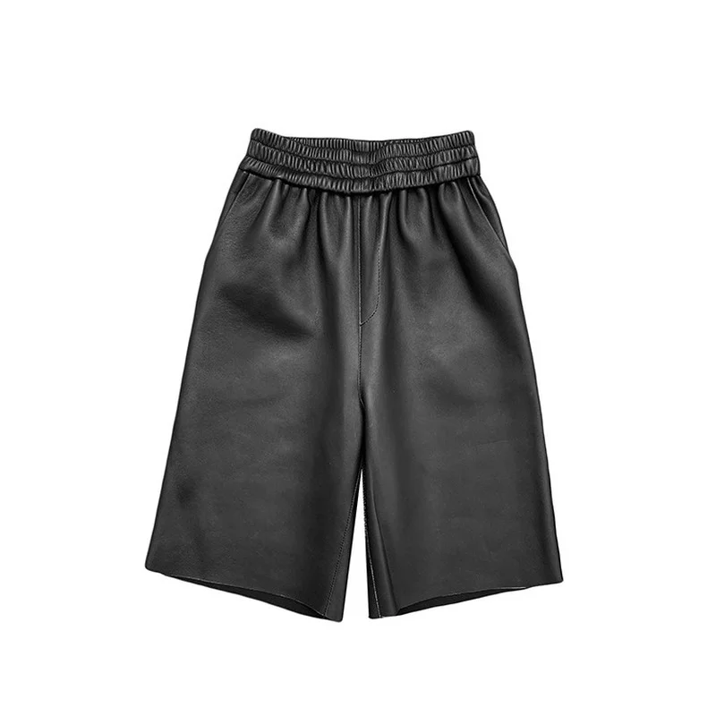 

Spring Autumn Black Real Genuine Leather Pants High Waisted Pant Womens Casual Bodycon Sexy Party Office Knee Wide Leg Clothes