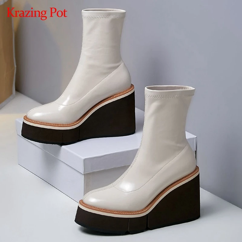 

Krazing pot stretch boots wedges thick bottom platform round toe super high heel slip on beauty lady fashion ankle boots L7f3