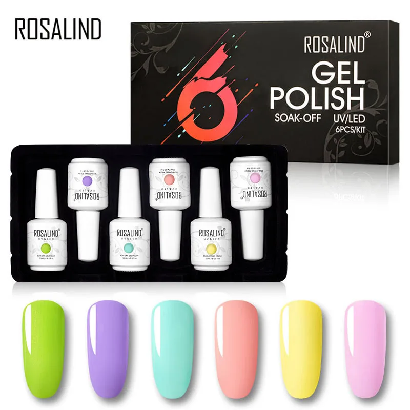 ROSALIND 6 шт./комплект Гель-лак для ногтей набор Гибридный лак УФ-гель, акриловый Гель-лак все для маникюра основа и верхнее покрытие для дизайна ногтей
