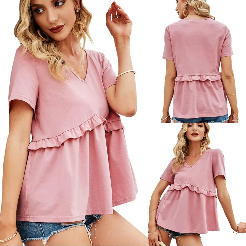 

Summer New Short-sleeved Women T-shirt Fashion Female V-neck Splicing Tees Top